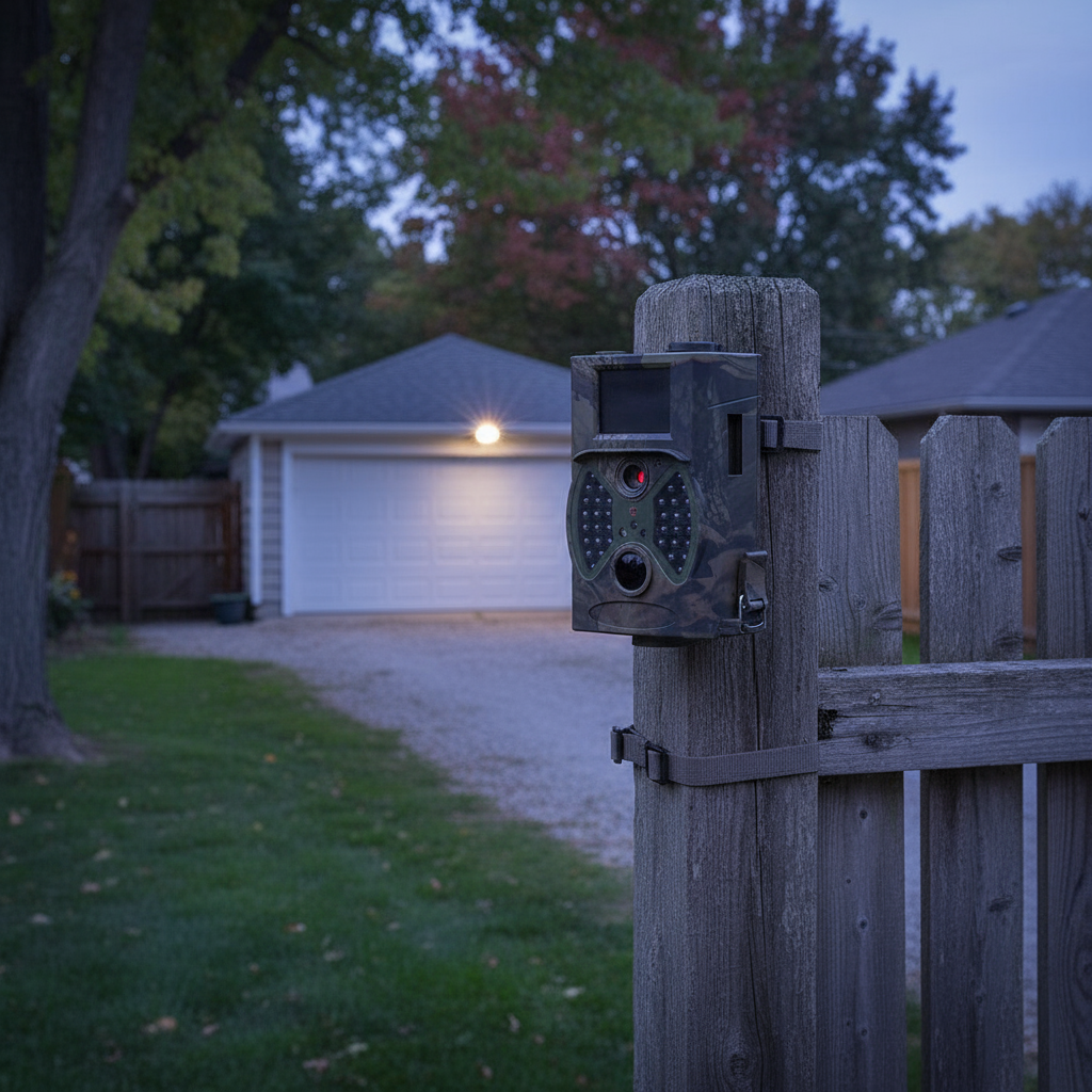 Camera on fence post at dusk