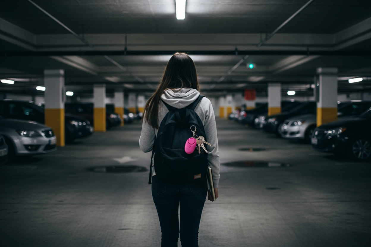 Student in parking garage with alarm