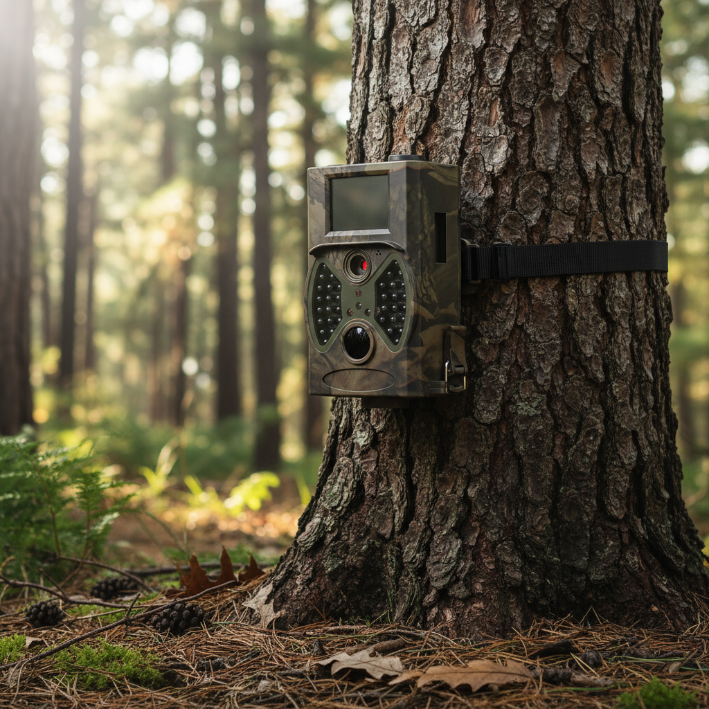 Trail camera mounted on tree