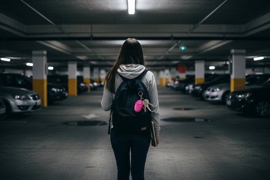 Student in parking garage with alarm