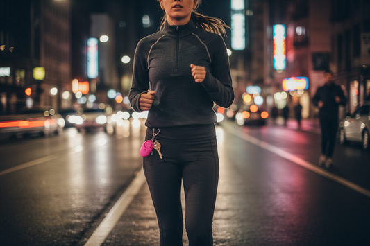 Woman jogging with safety alarm